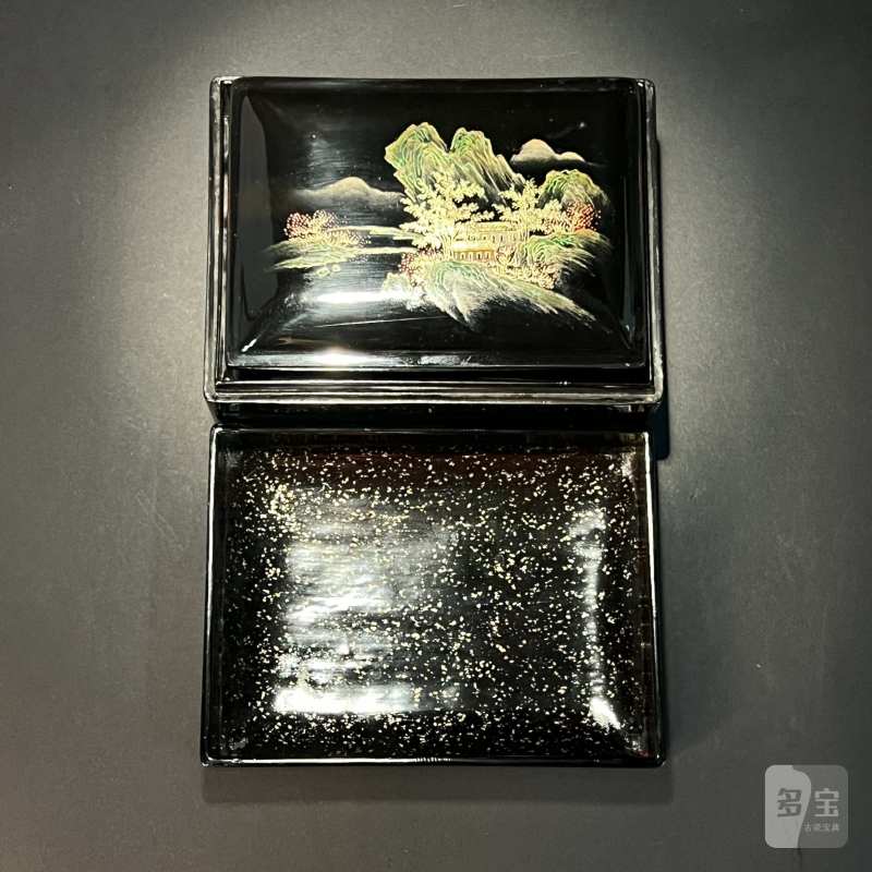 二十世纪六十年代 黑漆描金山水纹套盒 - 图3
